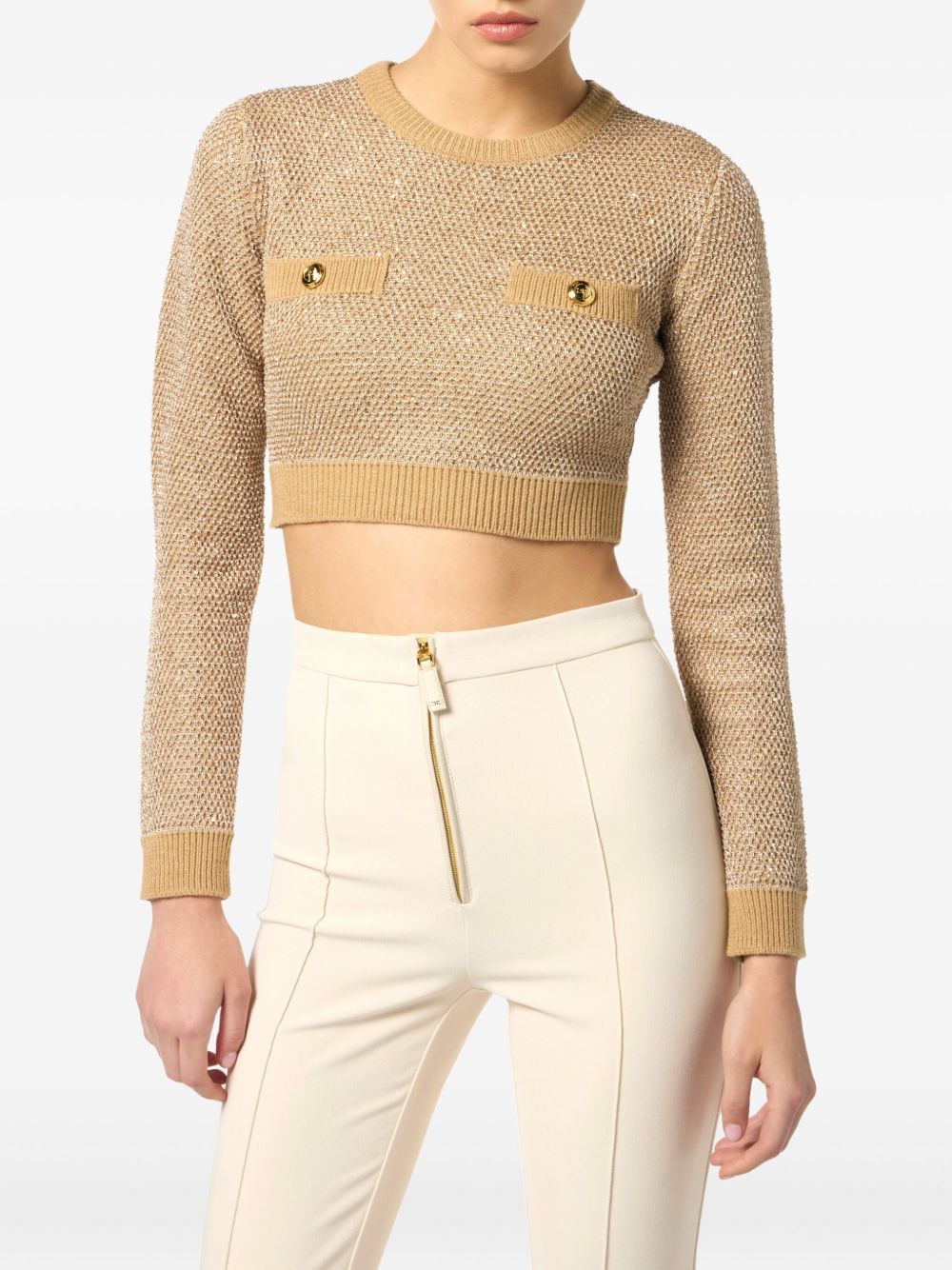 Elisabetta Franchi Sequin-Embellished Cropped Wool Sweater Beige