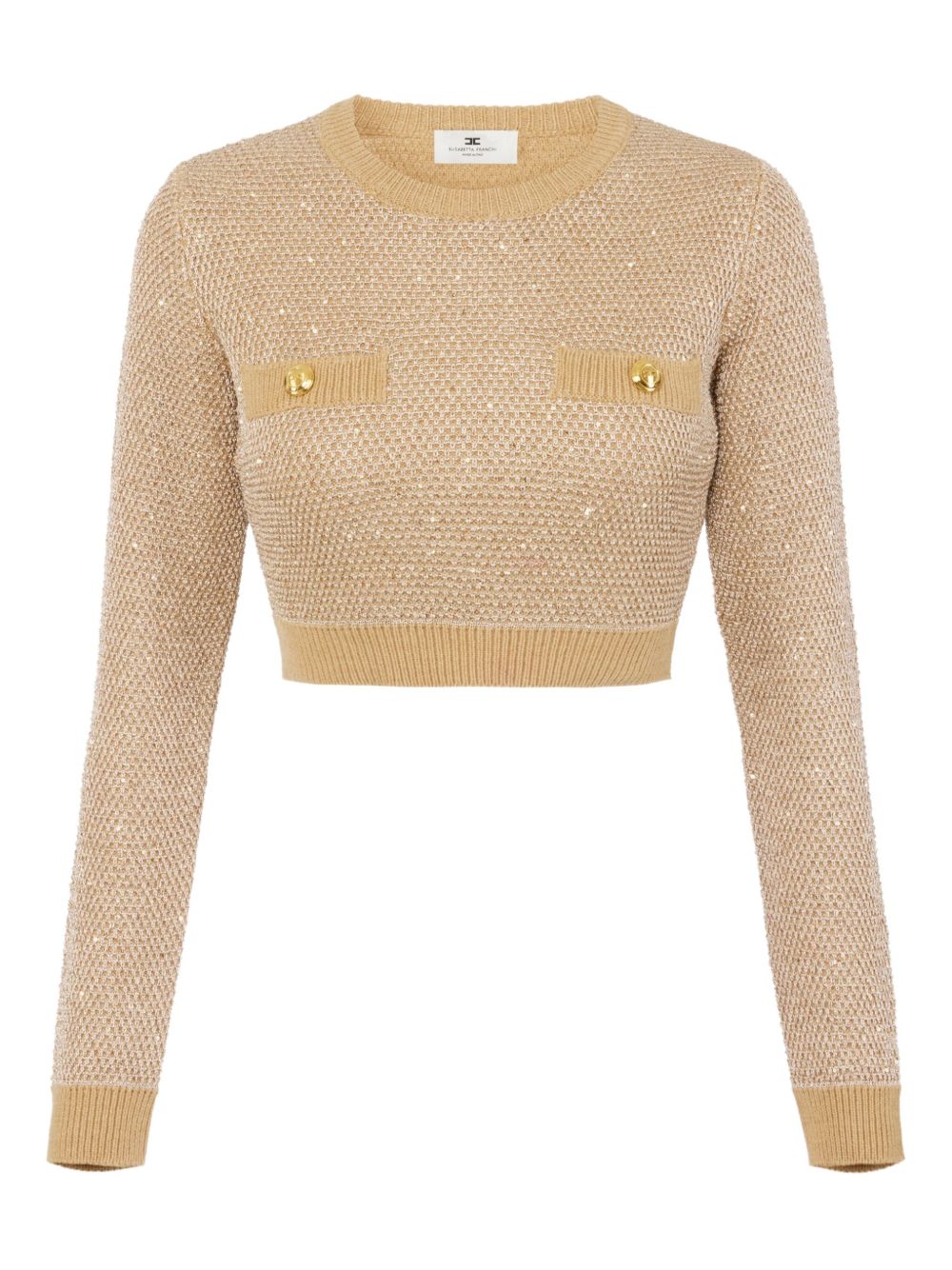 Elisabetta Franchi Sequin-Embellished Cropped Wool Sweater Beige