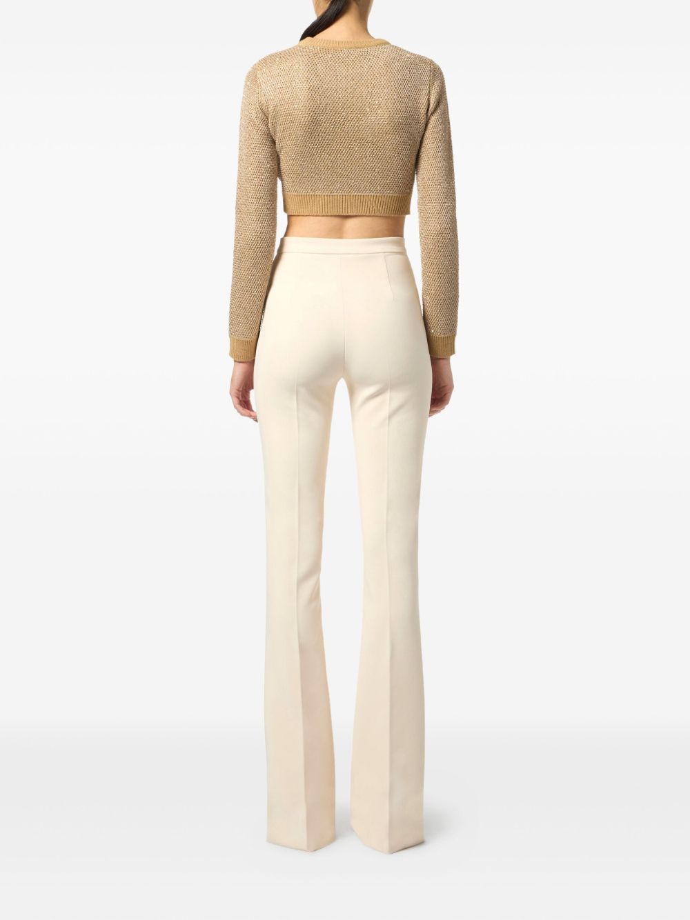 Elisabetta Franchi Sequin-Embellished Cropped Wool Sweater Beige