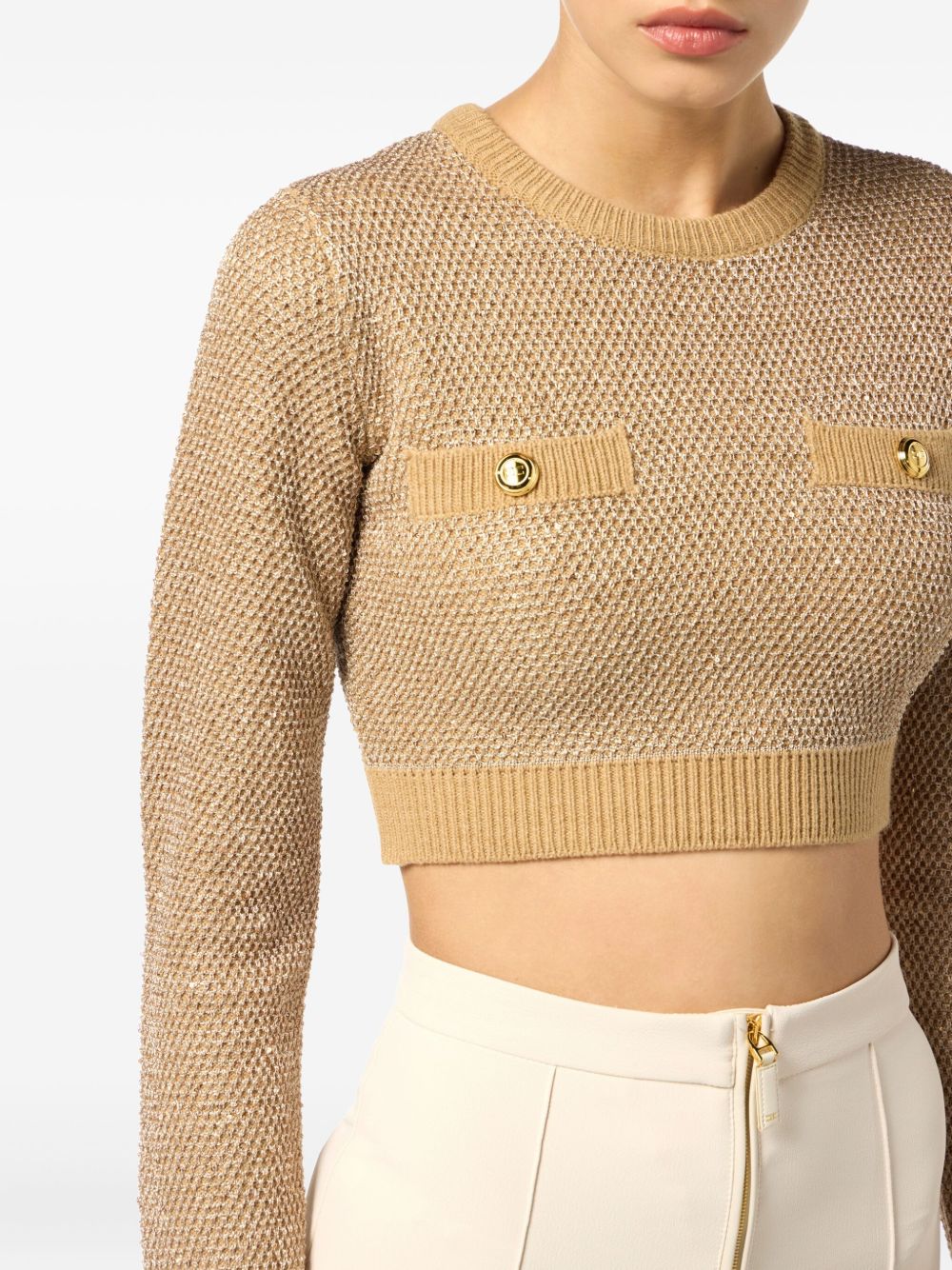 Elisabetta Franchi Sequin-Embellished Cropped Wool Sweater Beige