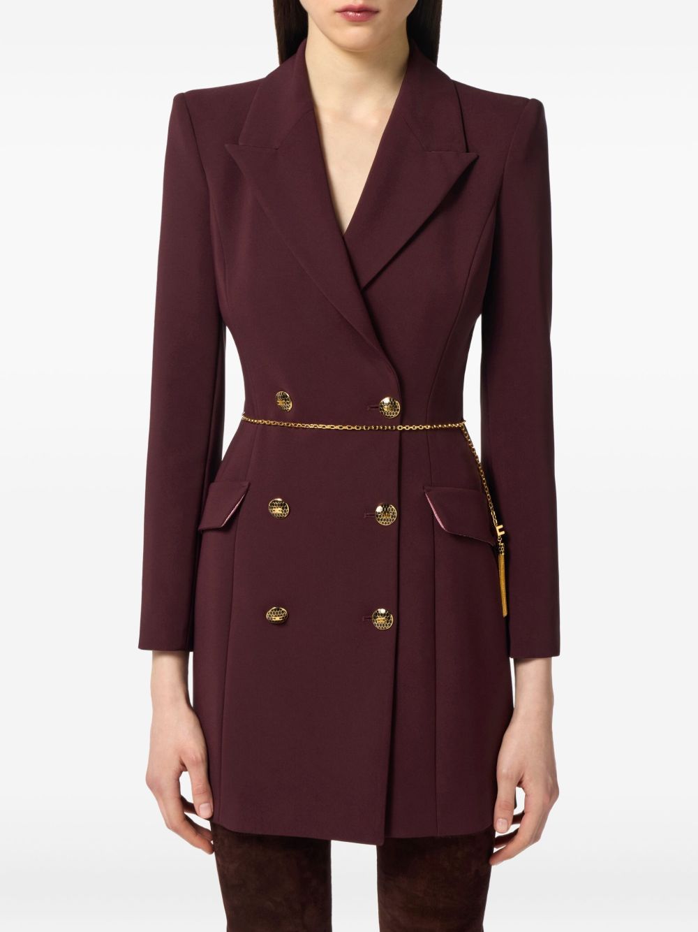 Elisabetta Franchi Double-Breasted Chain-Belt Crepe Dress Bordeaux