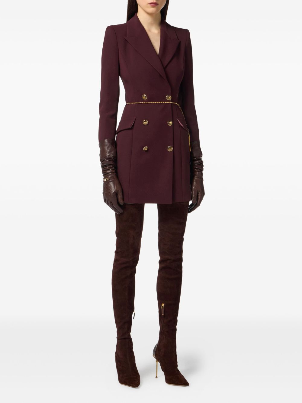 Elisabetta Franchi Double-Breasted Chain-Belt Crepe Dress Bordeaux