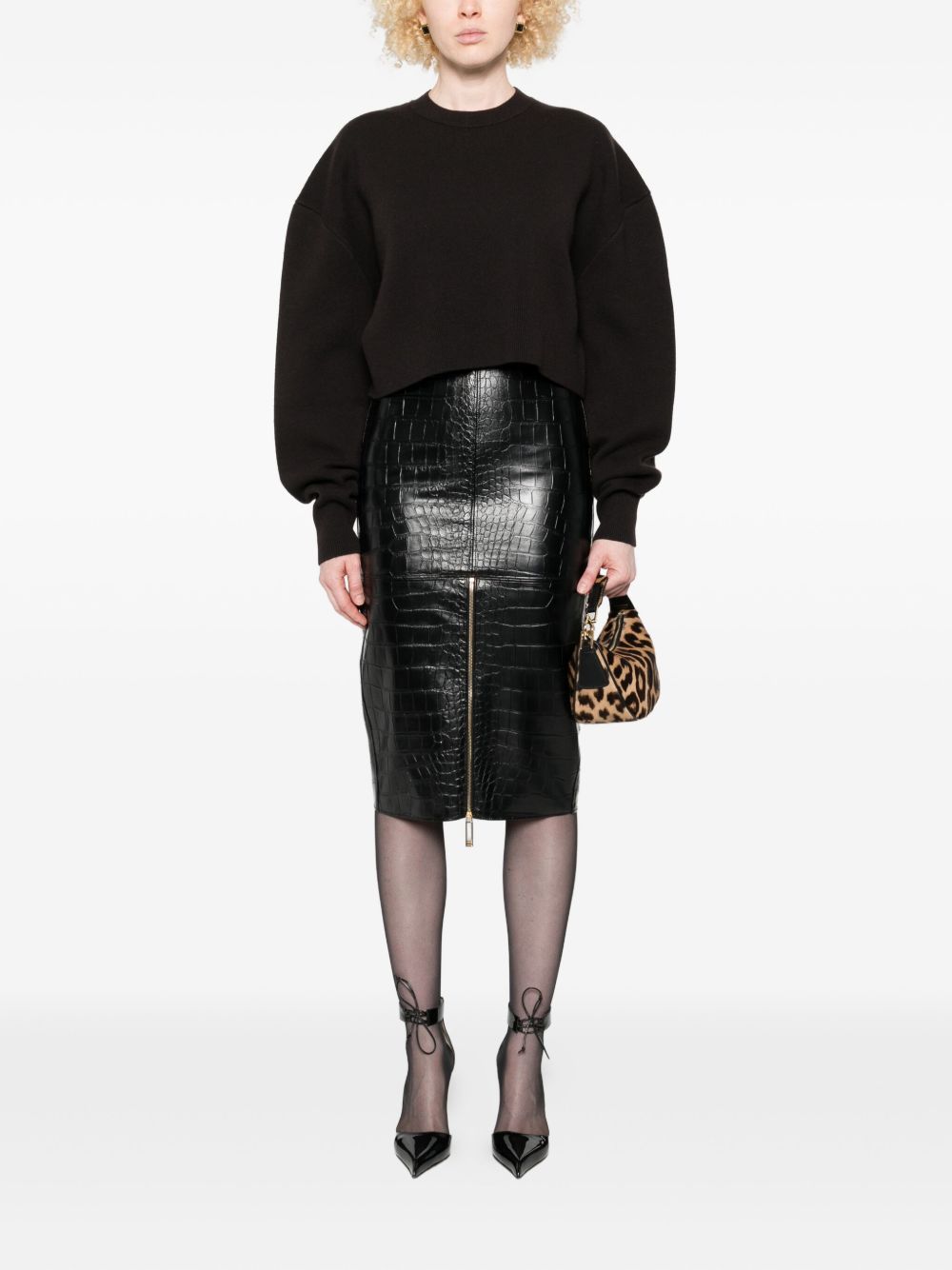 Elisabetta Franchi Crocodile-Effect Zip-Detail Black Skirt Black