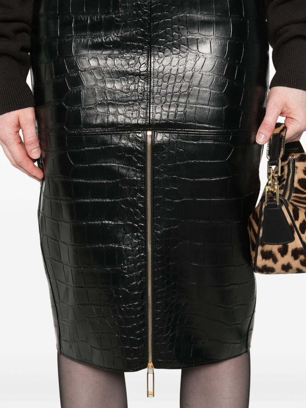Elisabetta Franchi Crocodile-Effect Zip-Detail Black Skirt Black
