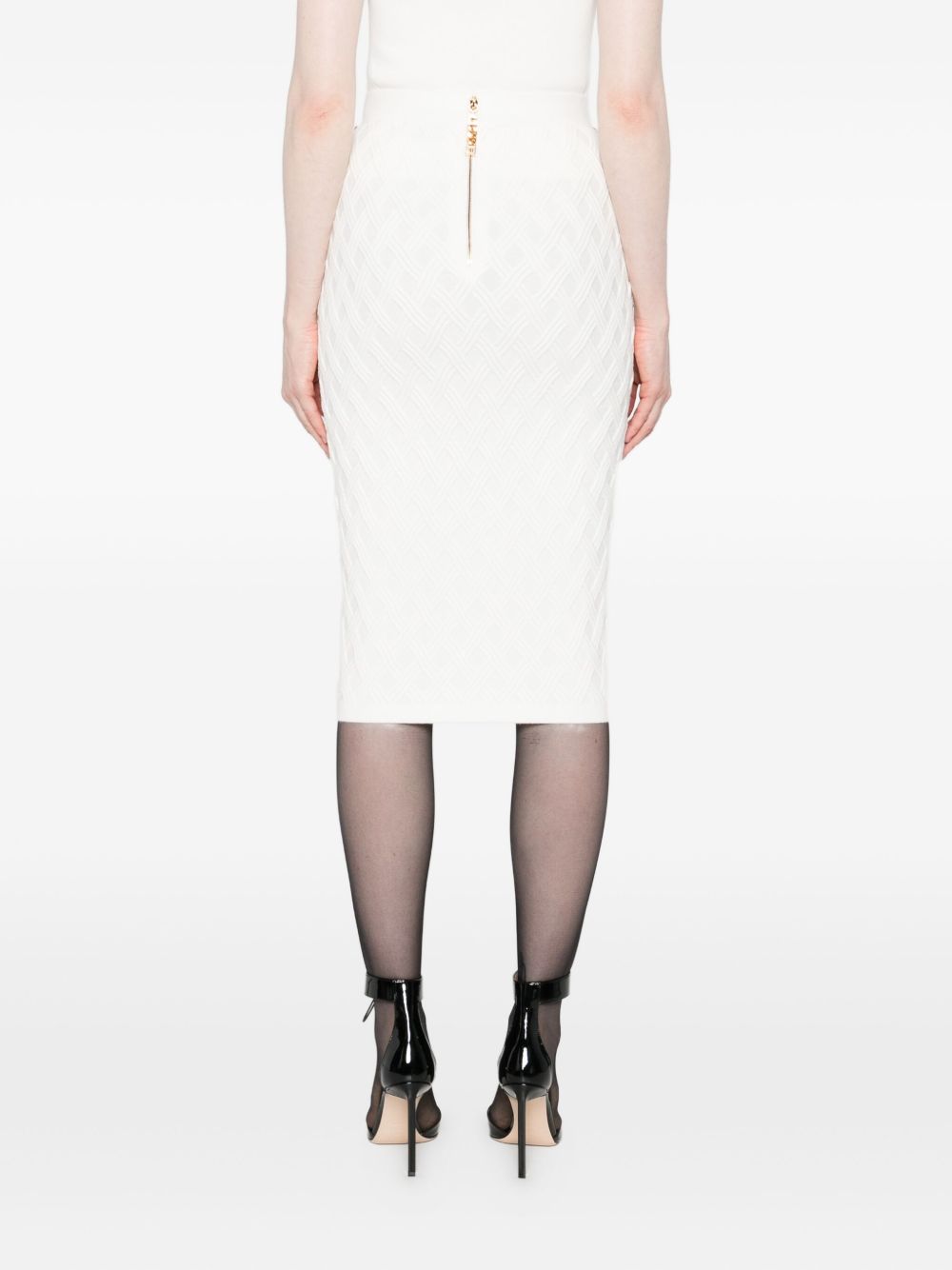 Elisabetta Franchi Knitted Midi Skirt with Chain Belt Ivory