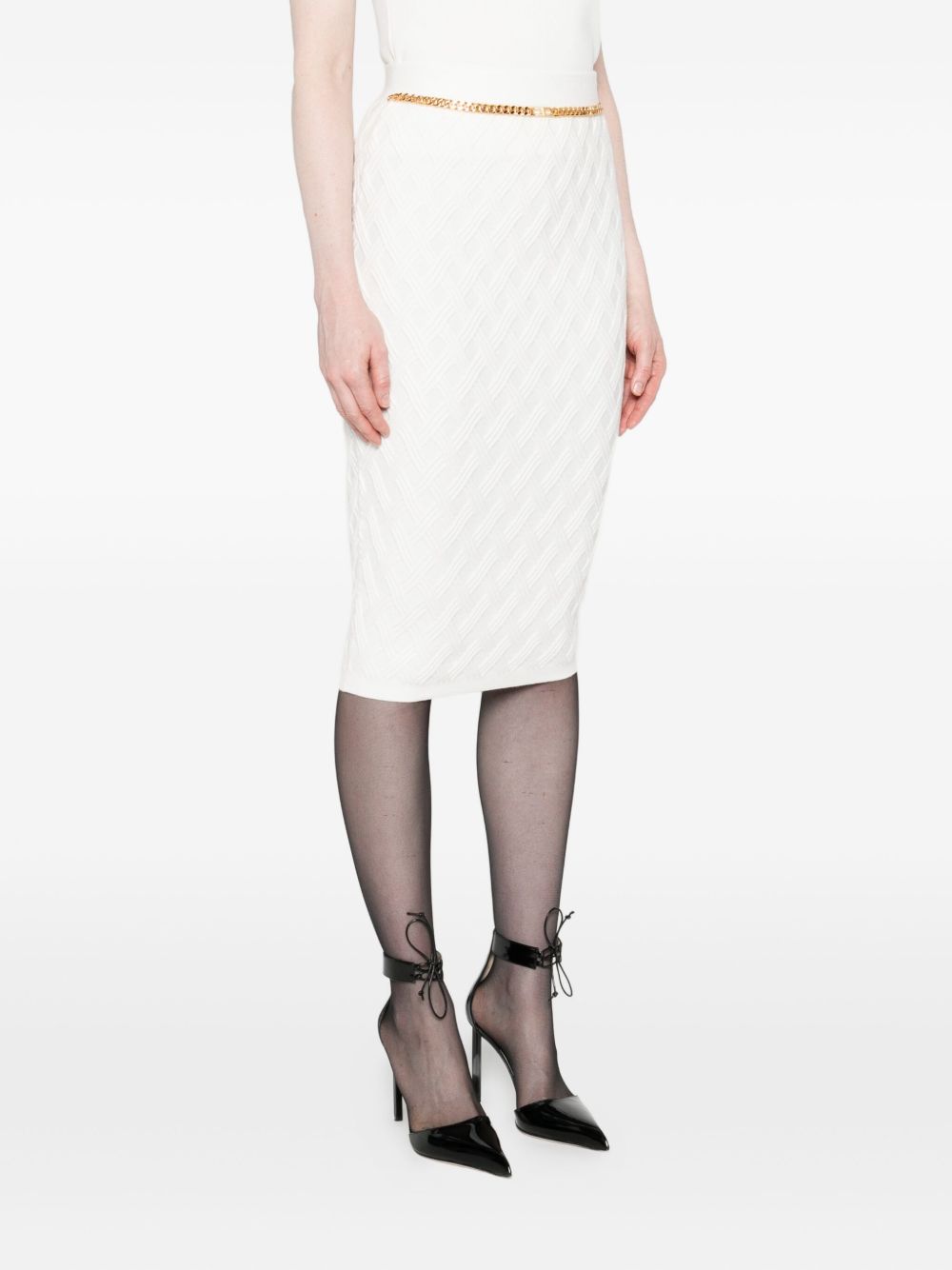 Elisabetta Franchi Knitted Midi Skirt with Chain Belt Ivory