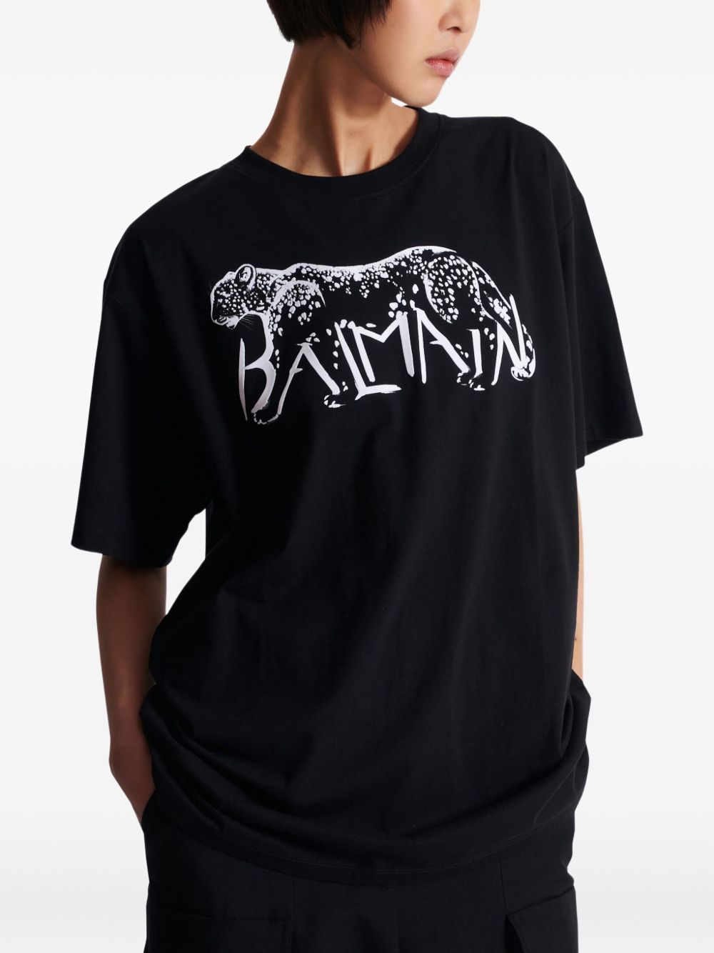 Balmain Leopard-Print Organic Cotton T-Shirt Black