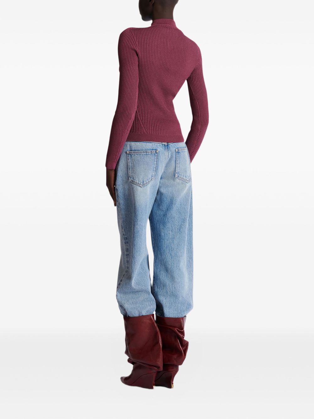 Balmain Ribbed Knit Crewneck Cardigan with Gold-Tone Buttons Purple