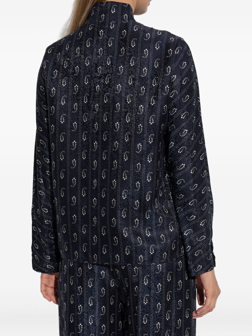 Tory Burch Paisley-Print Navy Blue Mandarin Collar Button-Up Sweater Blue