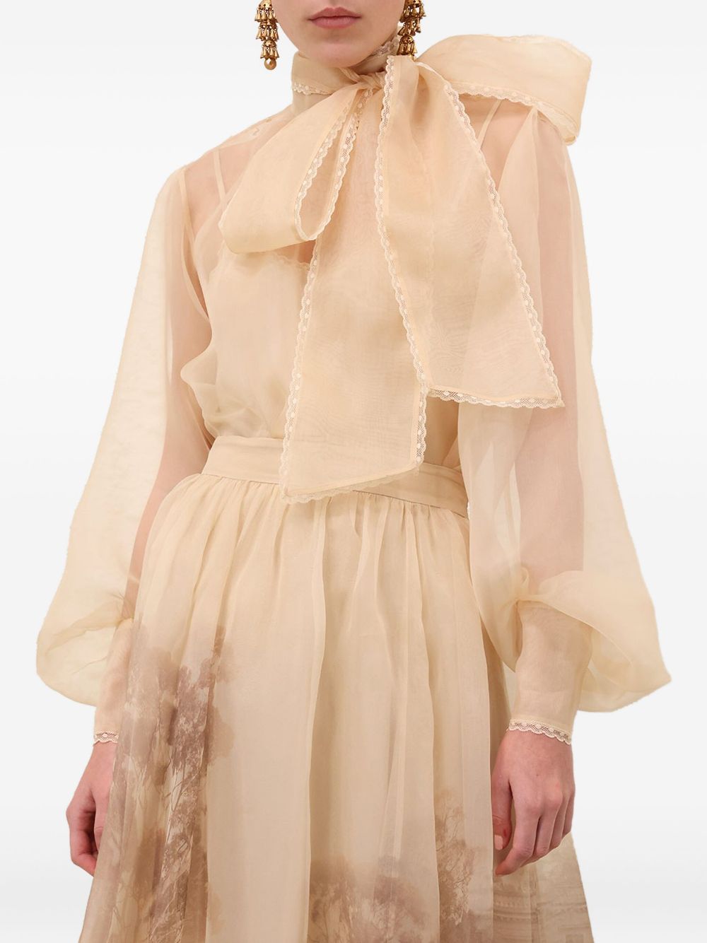 Zimmermann Balloon-Sleeve Silk Pussy-Bow Shirt Beige