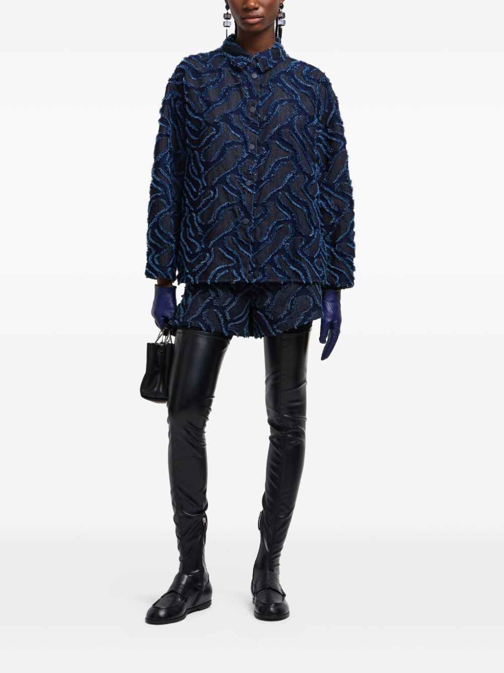 Emporio Armani High-Waisted Abstract Pattern Frayed Denim Shorts Blue