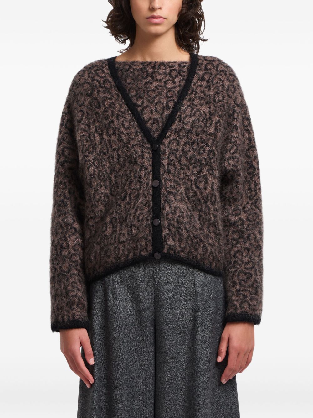 Emporio Armani Leopard-Pattern V-Neck Wool-Blend Cardigan Black black