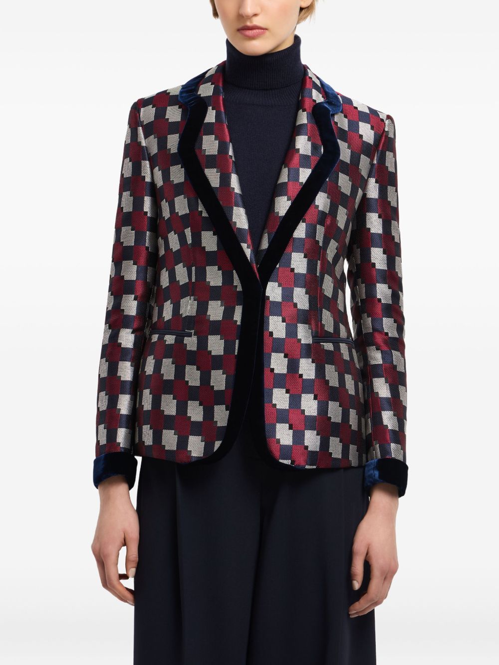 Emporio Armani Checked Single-Breasted Velvet Trim Jacket Multicolour