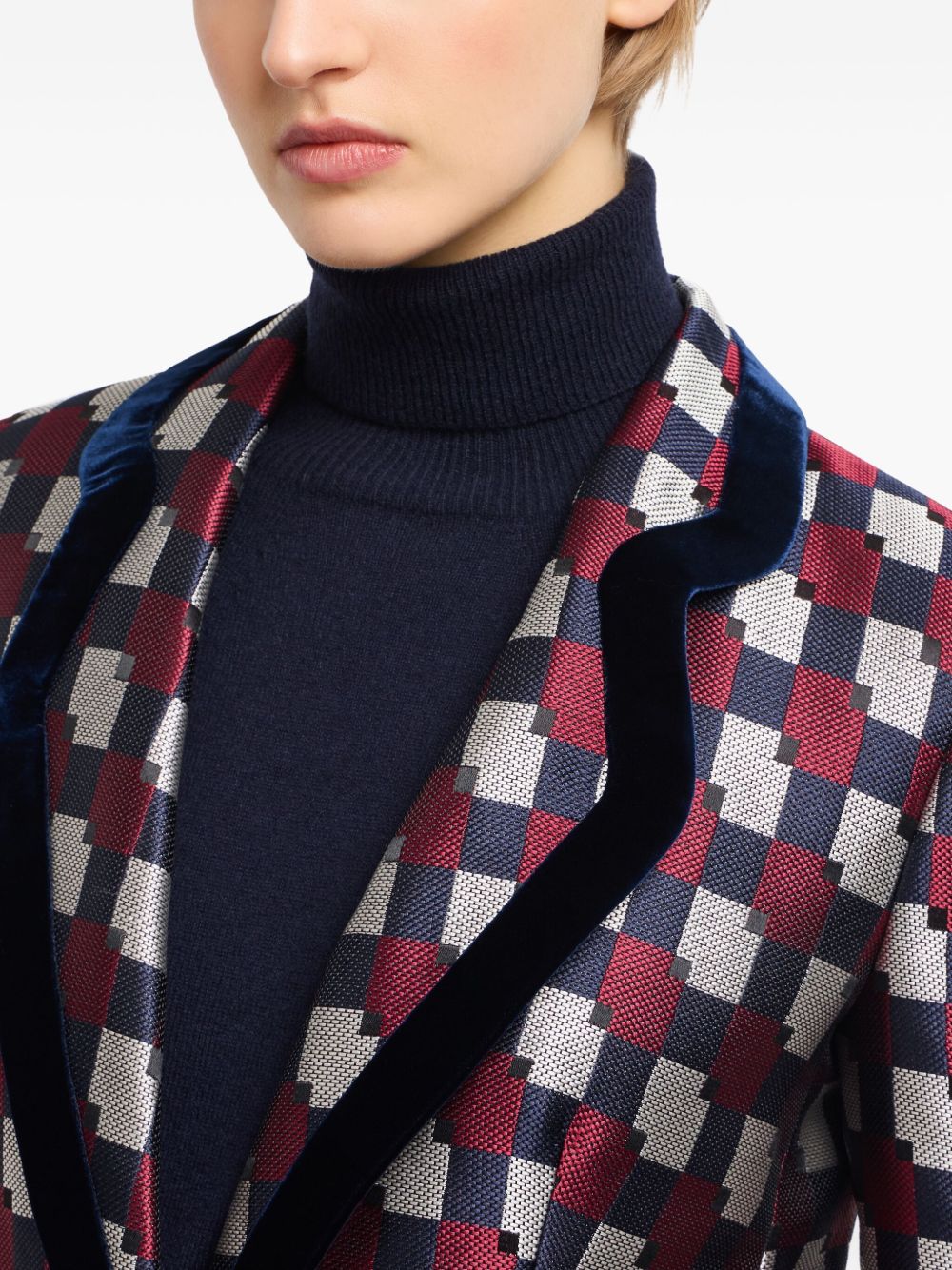 Emporio Armani Checked Single-Breasted Velvet Trim Jacket Multicolour
