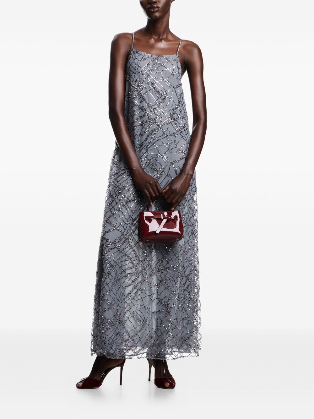 Emporio Armani Sequined Open-Back A-Line Maxi Dress Silver