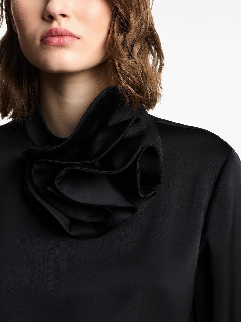Emporio Armani High-Neck Satin Ruffled Sweater Black