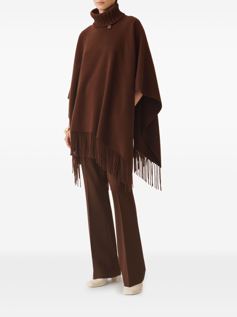 Fabiana Filippi Fringed Wool Turtleneck Poncho Dark Brown