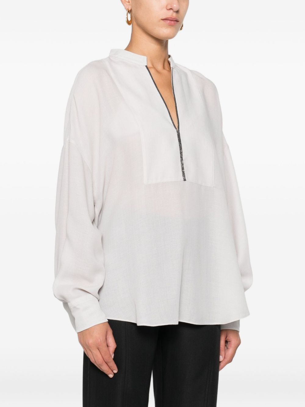 Brunello Cucinelli Monili-Chain Silk V-Neck Blouse Light Grey