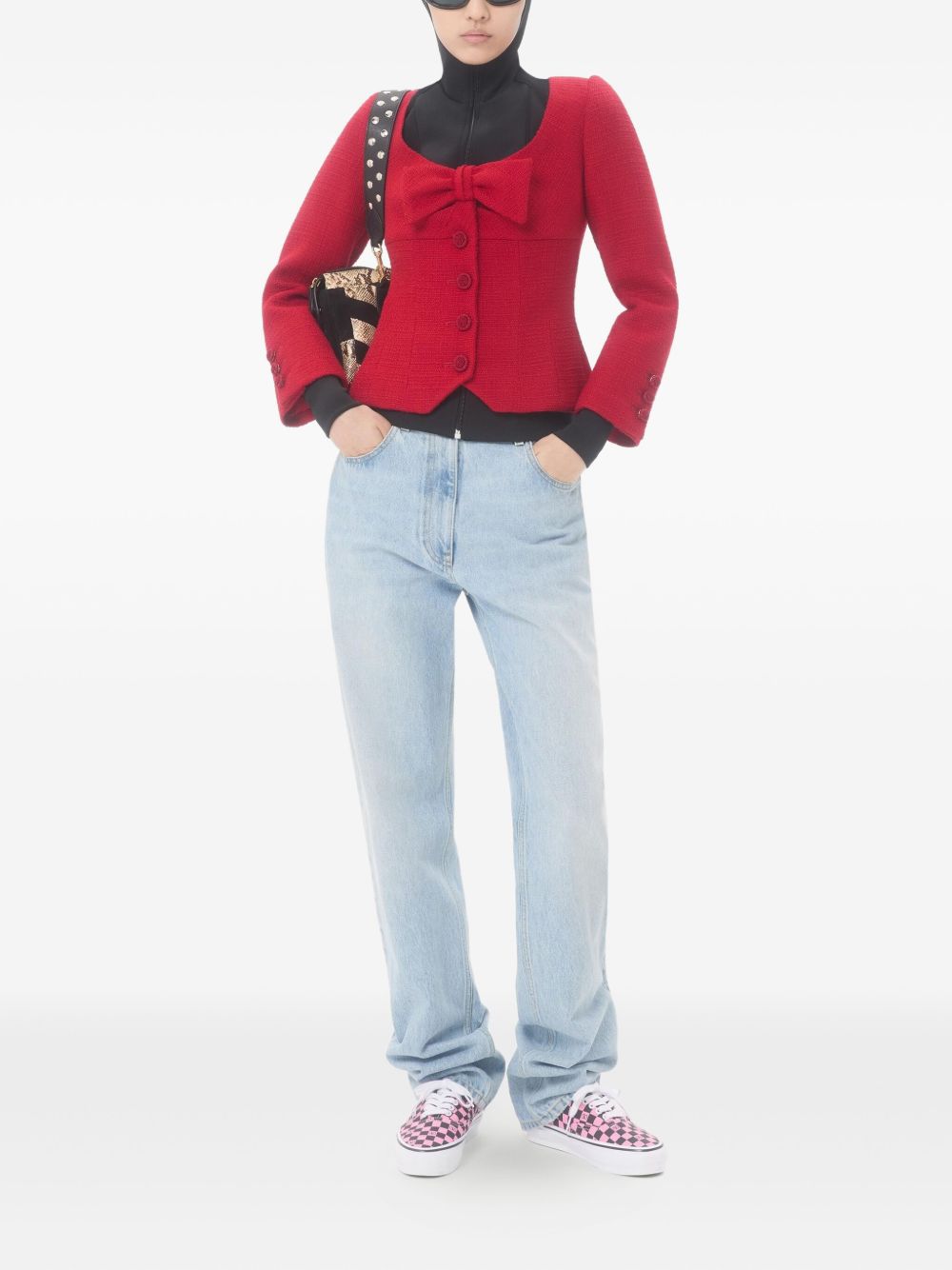 Valentino Red Tweed Wide Neck Bow-Detail Wool Jacket Red