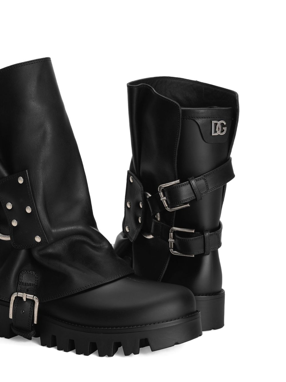 Dolce & Gabbana Leather Buckled Studded Rain Boots Black