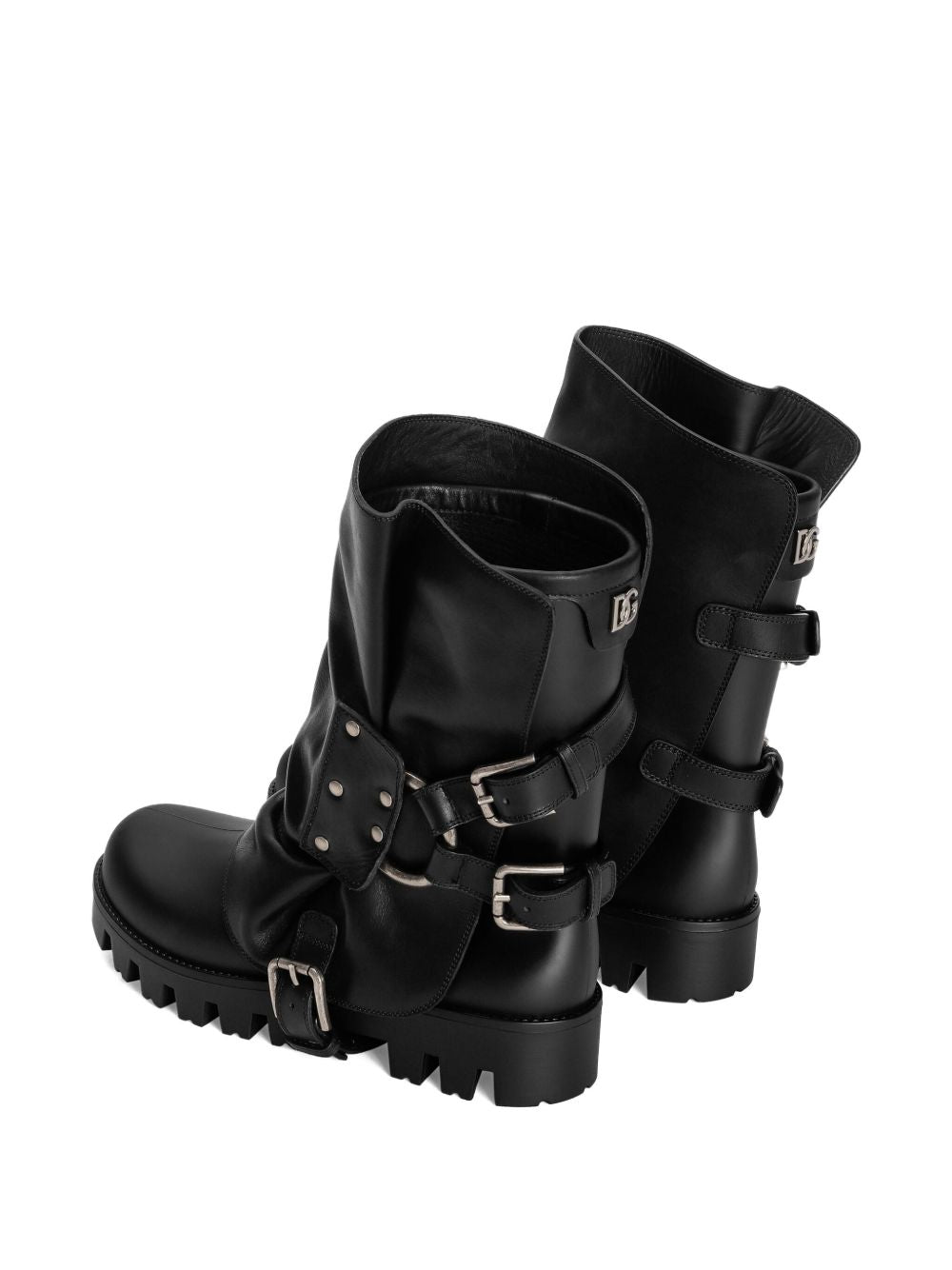 Dolce & Gabbana Leather Buckled Studded Rain Boots Black