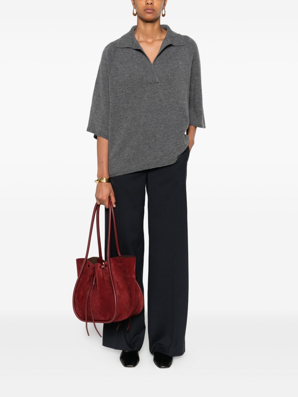Emporio Armani Oversized Ribbed Wool-Cashmere Polo Shirt Grey