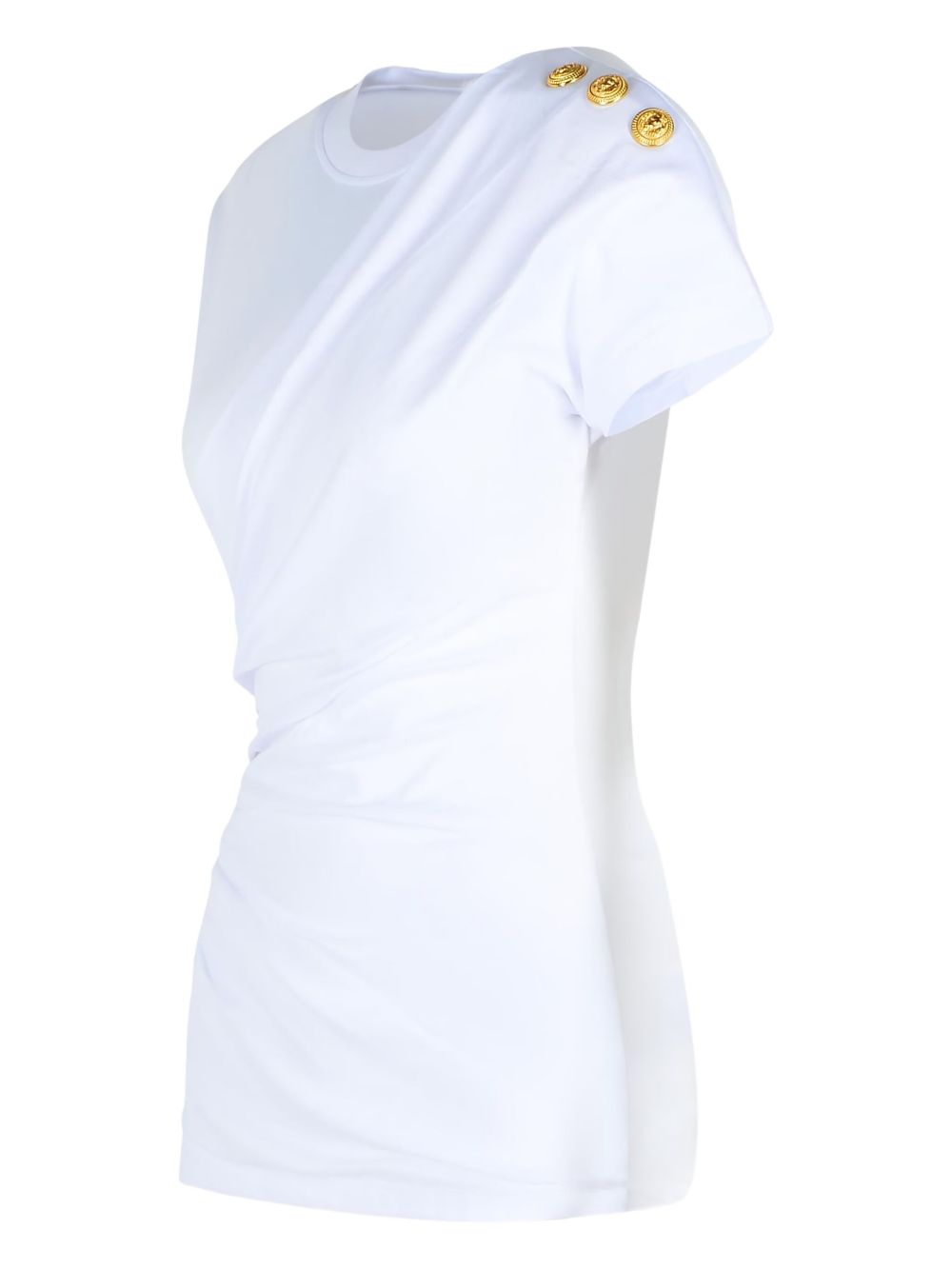 Balmain Shoulder-Button Draped Cotton T-Shirt White