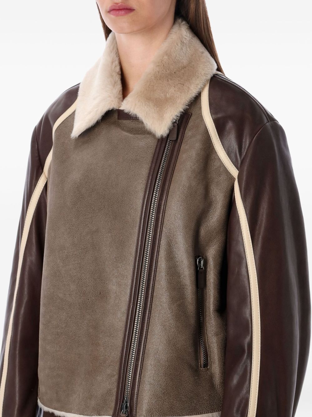 Emporio Armani Shearling Lamb Leather Jacket with Fur Collar Brown