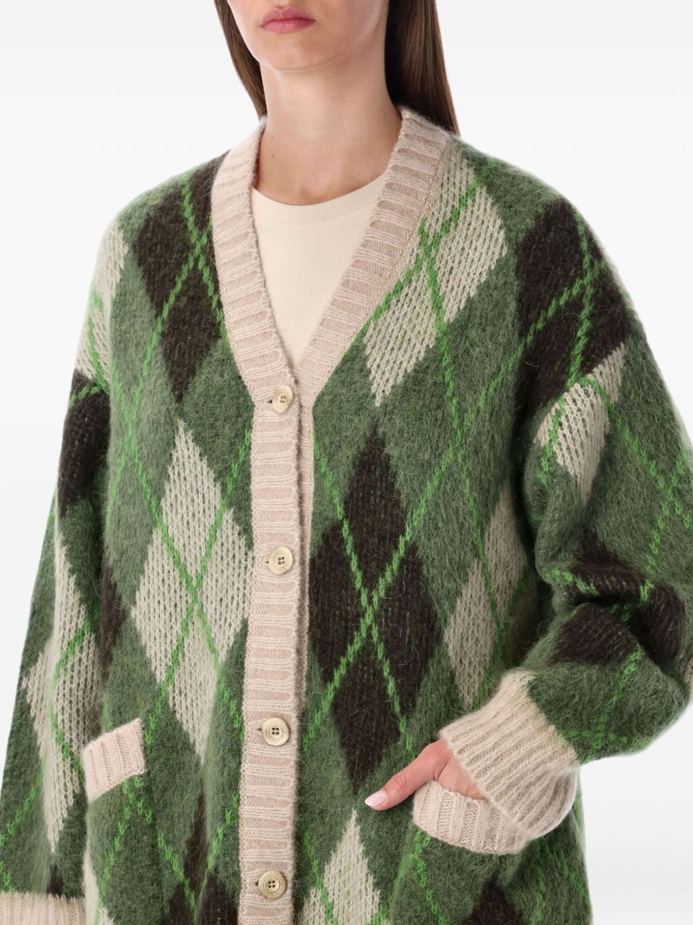 Emporio Armani Green Argyle Wool-Blend V-Neck Cardigan Multicolour