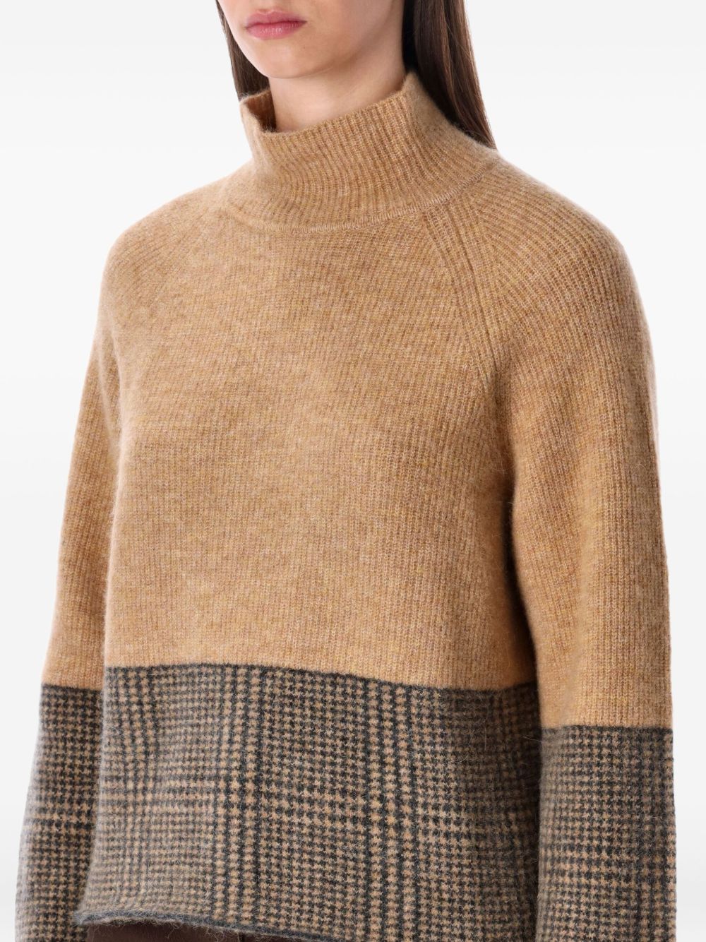 Emporio Armani Check Pattern Turtleneck Alpaca Wool-Blend Sweater Camel