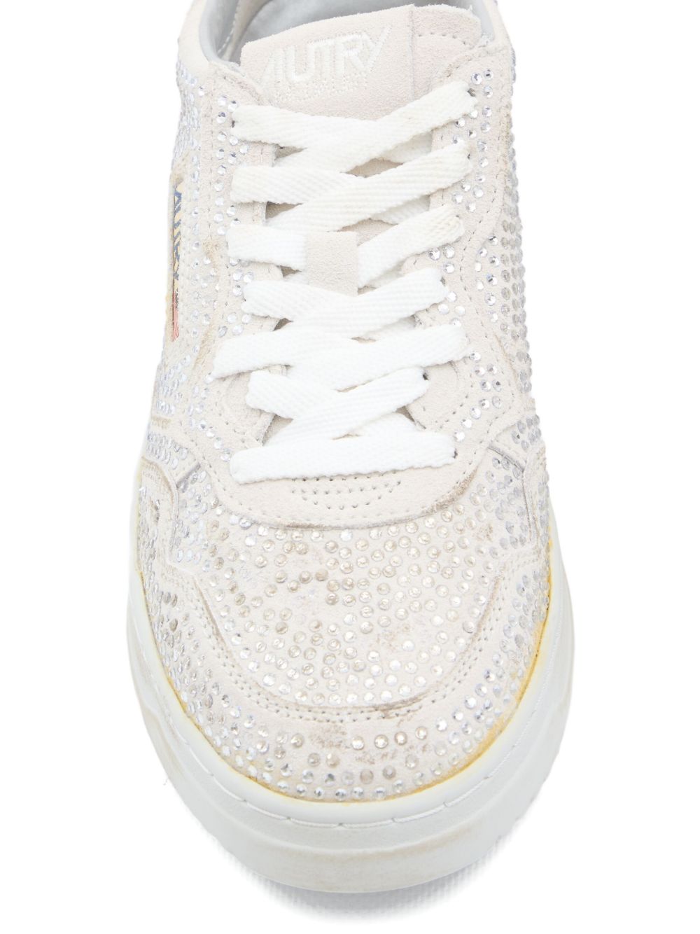 032C Medalist Low White Rhinestone Embellished Leather Sneakers White