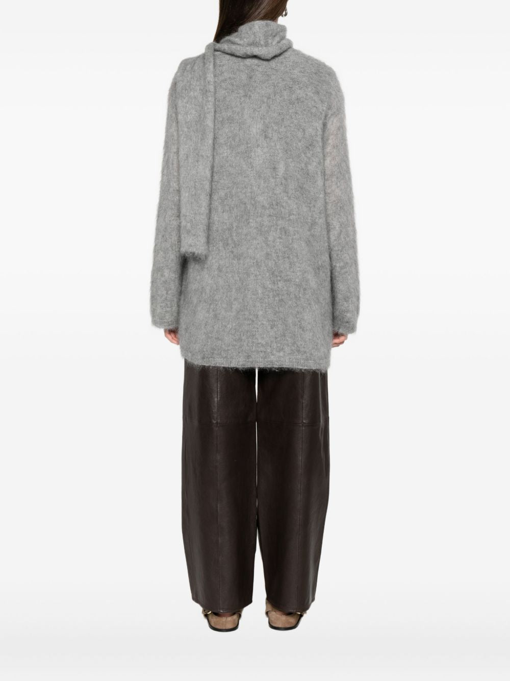 Forte Forte V-Neck Mohair-Blend Cardigan with Tie Scarf Grey