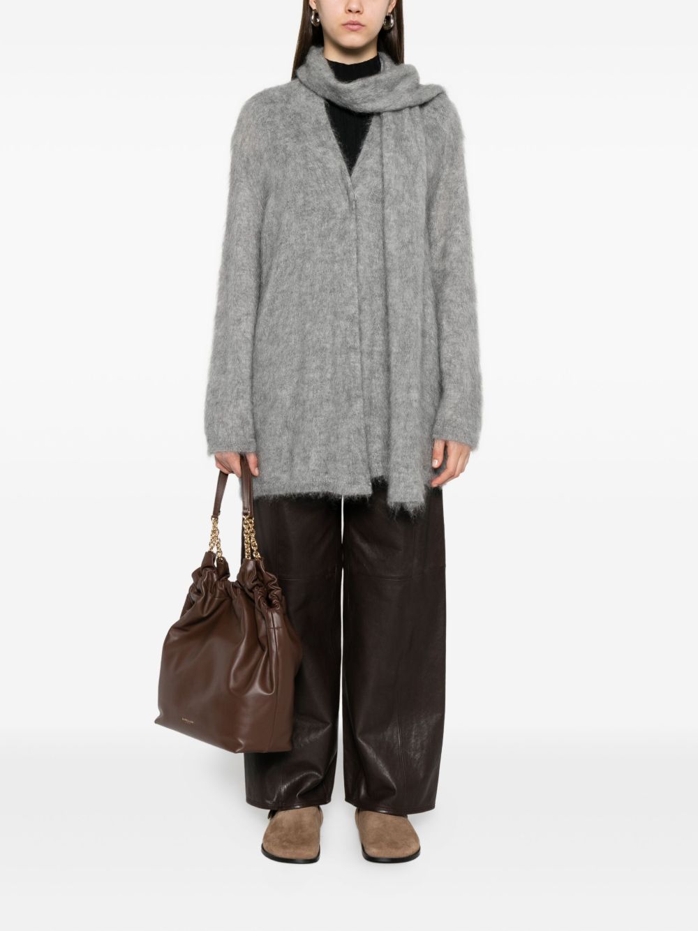 Forte Forte V-Neck Mohair-Blend Cardigan with Tie Scarf Grey