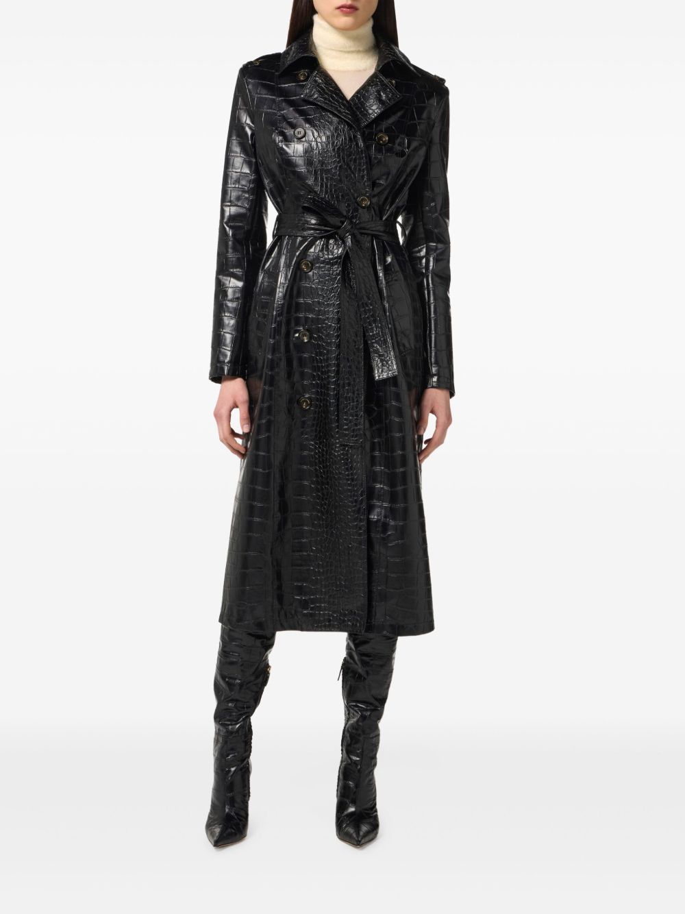 Elisabetta Franchi Double-Breasted Black Croc-Effect Belted Coat Black
