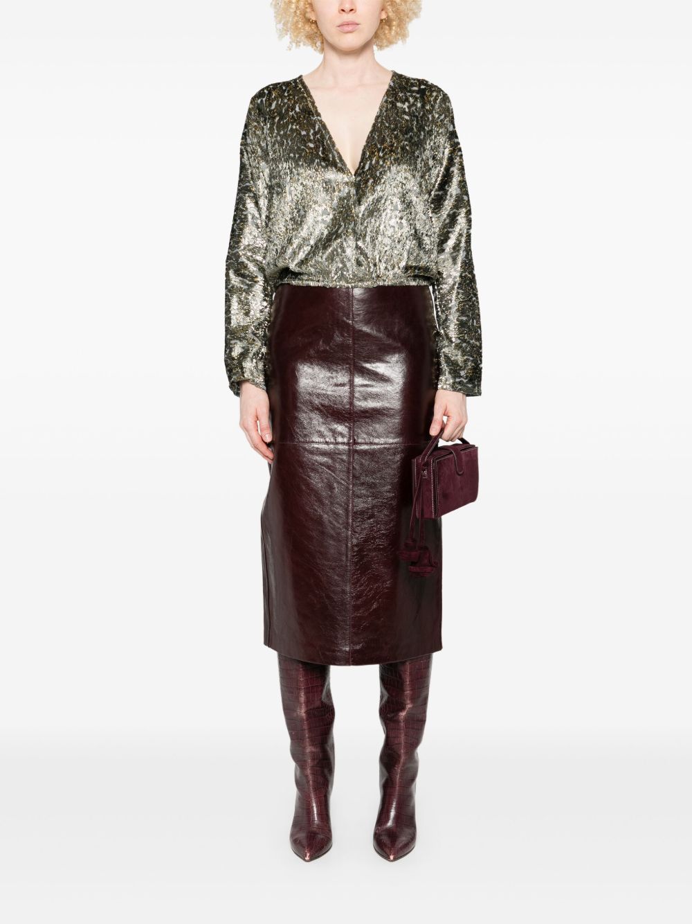 Forte Forte Metallic Silver-Effect Crossed V-Neck Shirt Grey