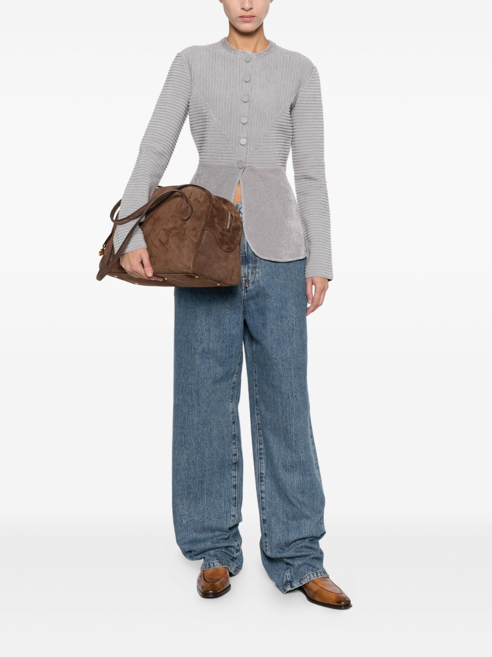 Emporio Armani Textured Panelled Buttoned Crewneck Jacket Silver