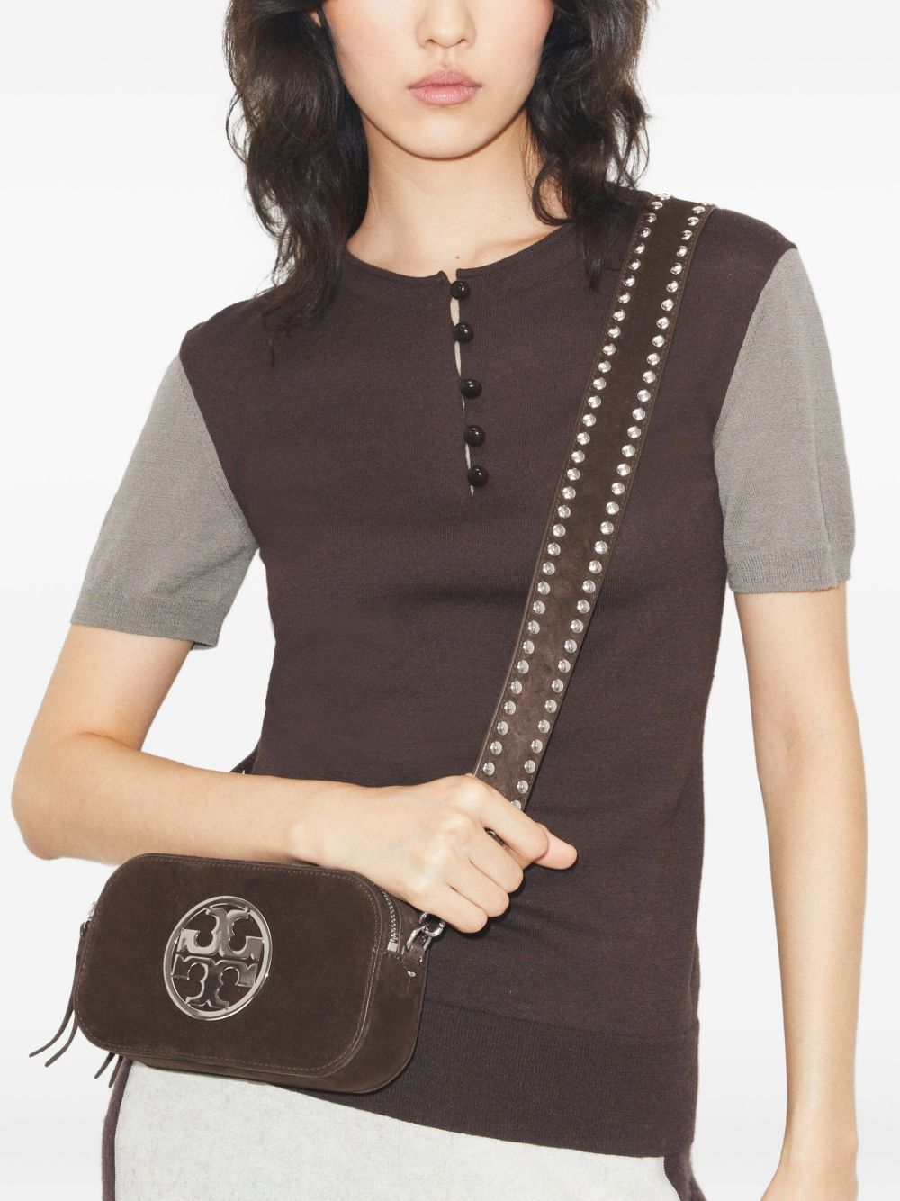 Tory Burch Miller Mini Embossed Suede-Leather Crossbody Bag Brown