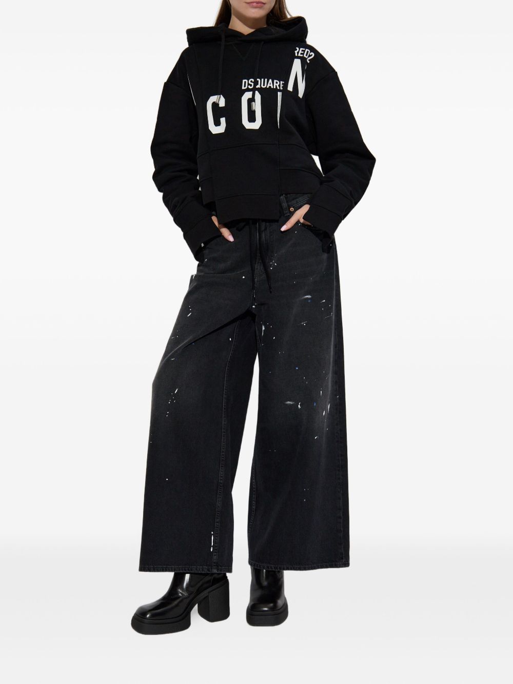 Dsquared2 Panelled Cropped Hoodie with Drawstring and Logo Print Black black