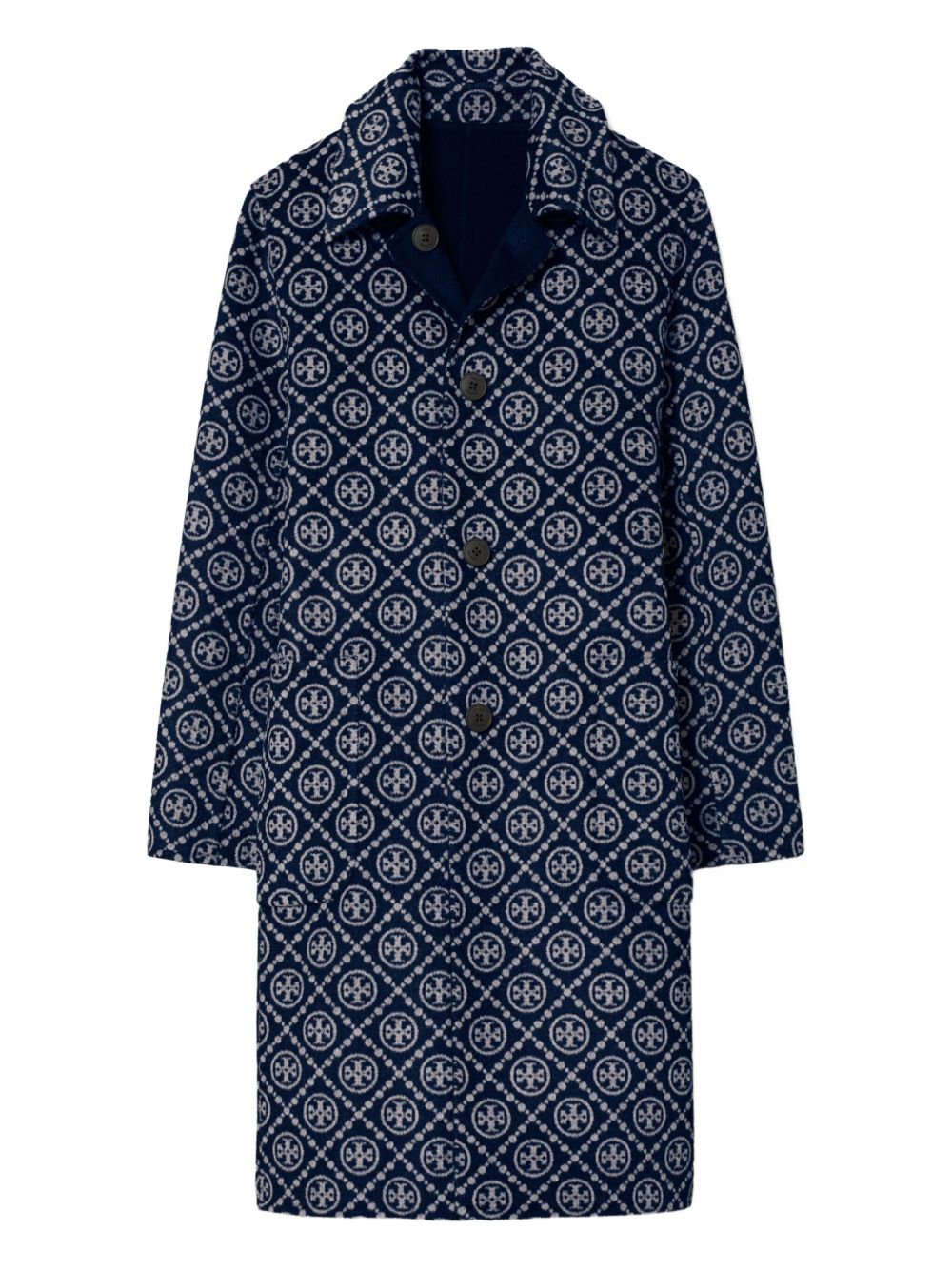 Tory Burch Wool Jacquard Notched Collar Coat Blue