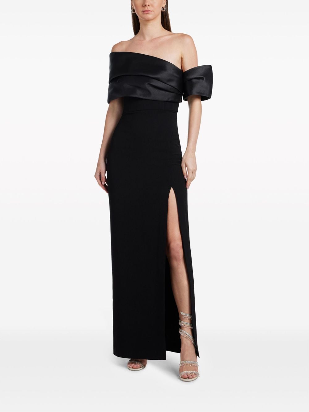 Solace London Off-Shoulder Satin-Trim Maxi Dress Black