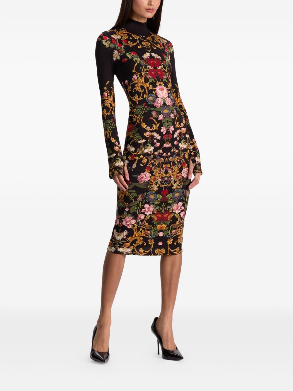 Alice + Olivia Floral-Print Turtleneck Midi Dress Black