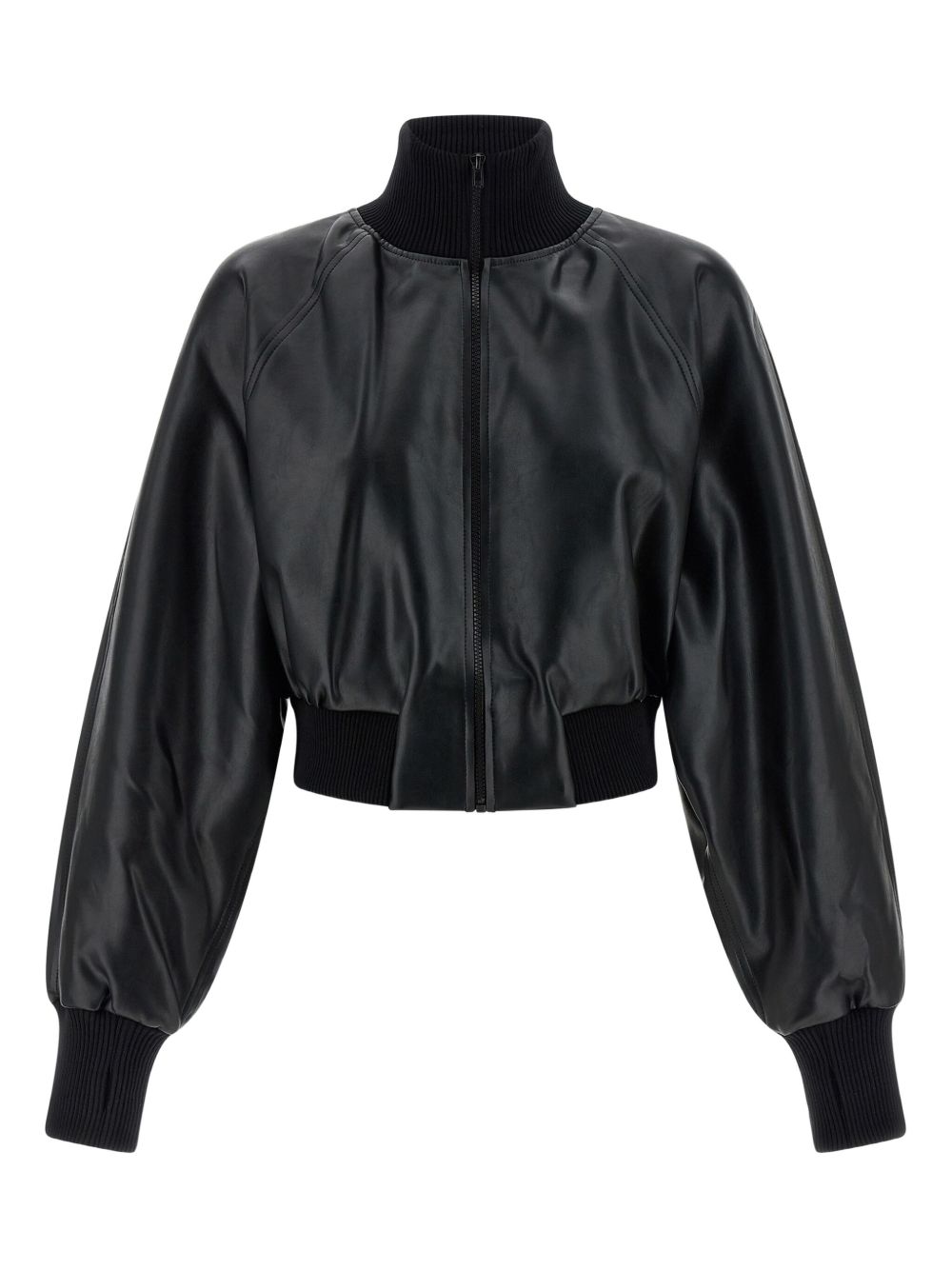 Norma Kamali Leather-Effect Ribbed-Knit High-Neck Jacket Black