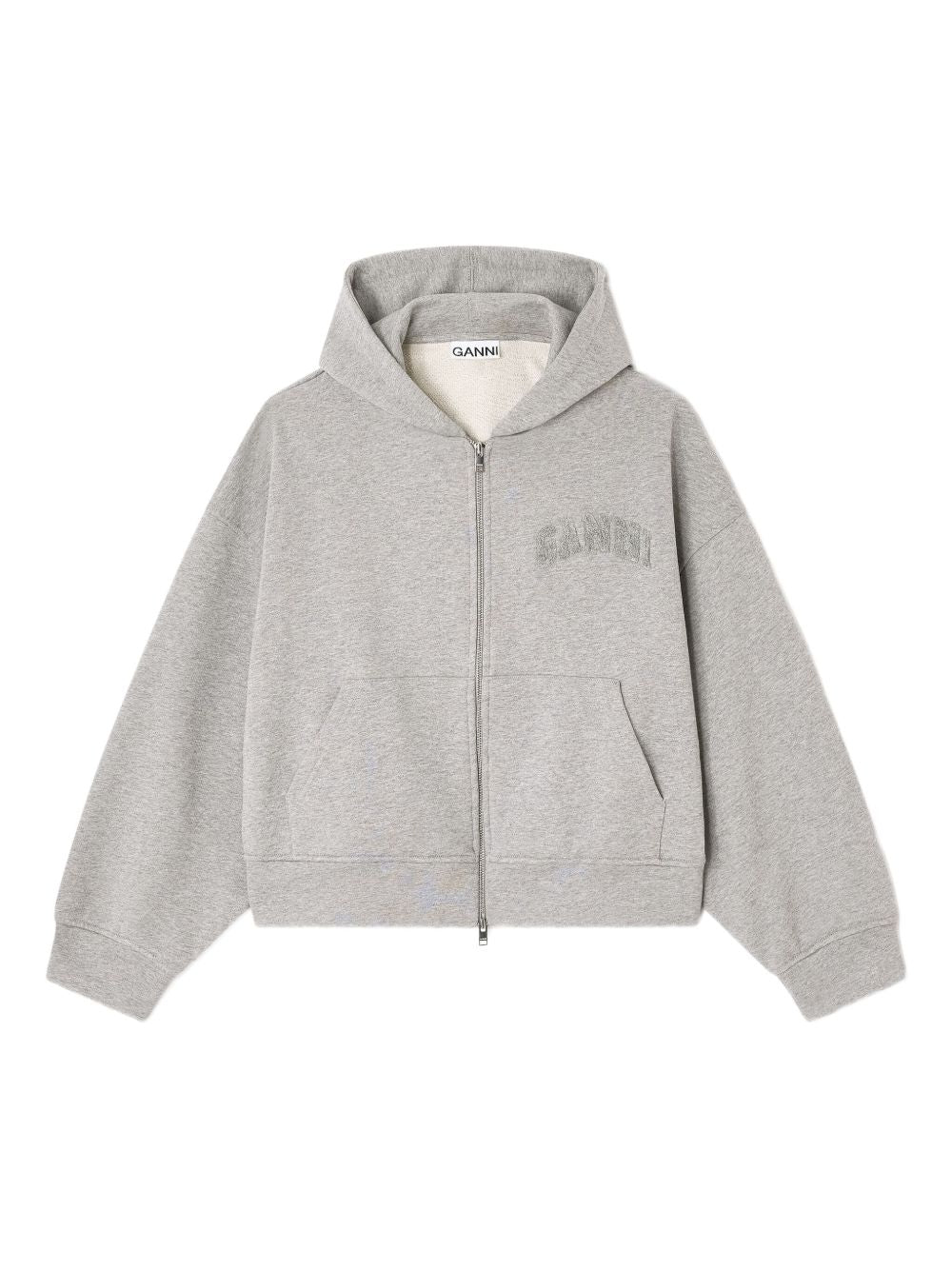 Ganni Organic Cotton Grey Zipped Hoodie with Logo Detail Grey