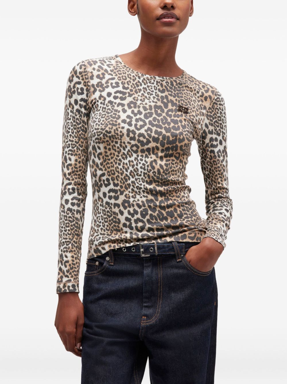 Ganni Animal-Print Organic Cotton Crewneck Sweater Brown