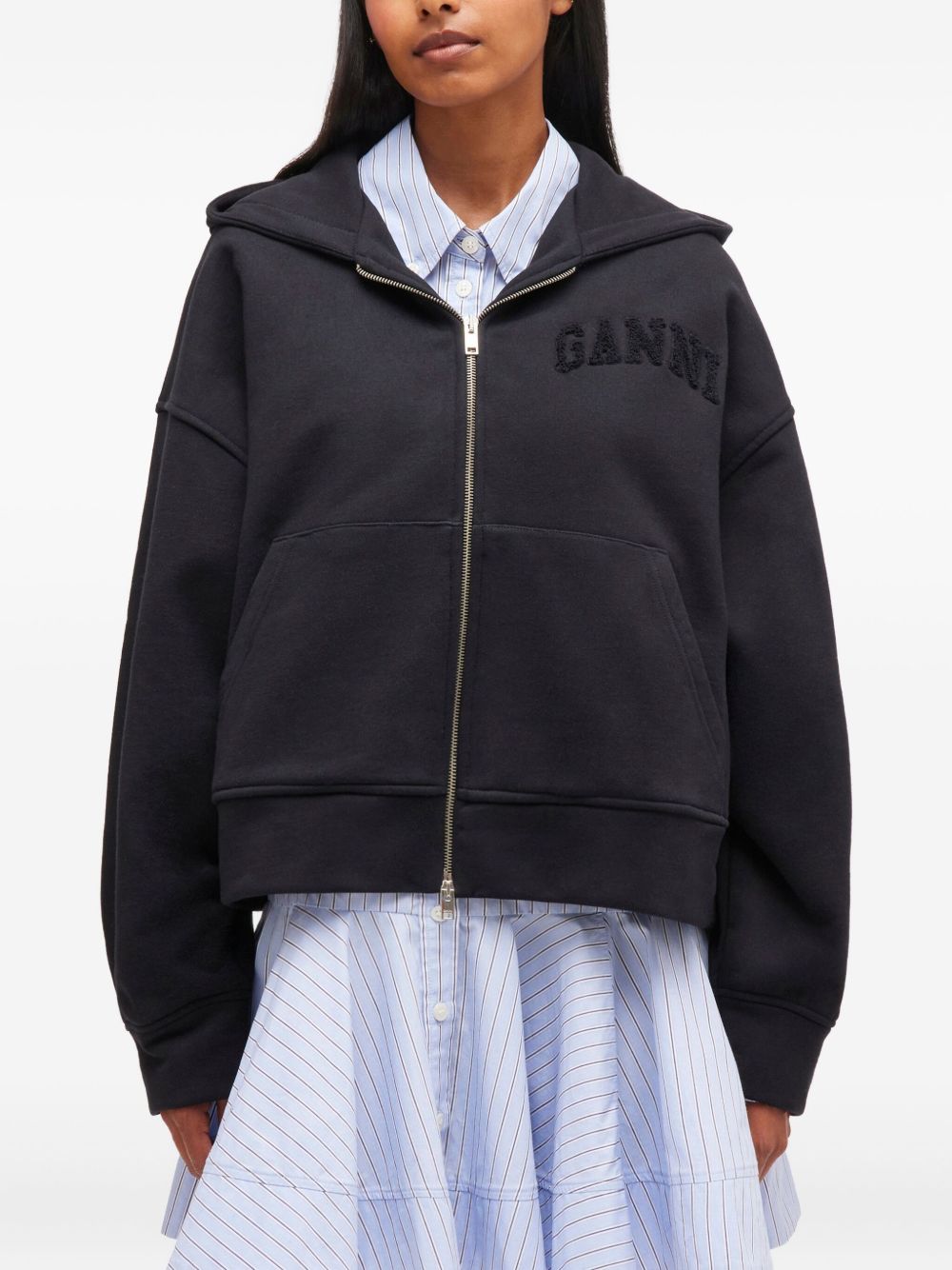 Ganni Organic Cotton Zipped Hoodie in Black Black