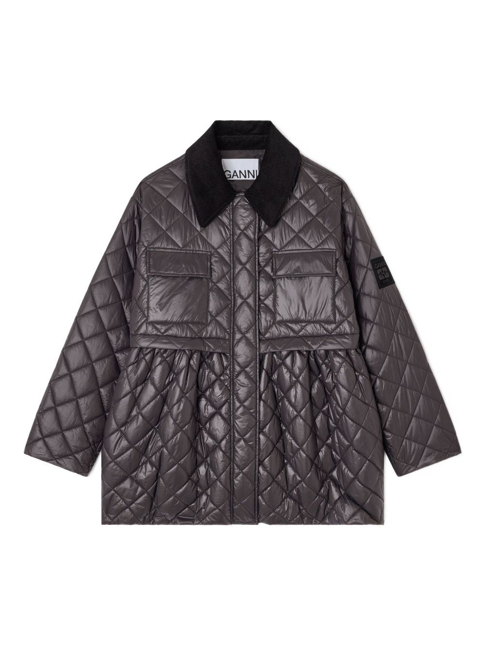 Ganni Quilted Recycled Nylon Jacket with Corduroy Collar Grey
