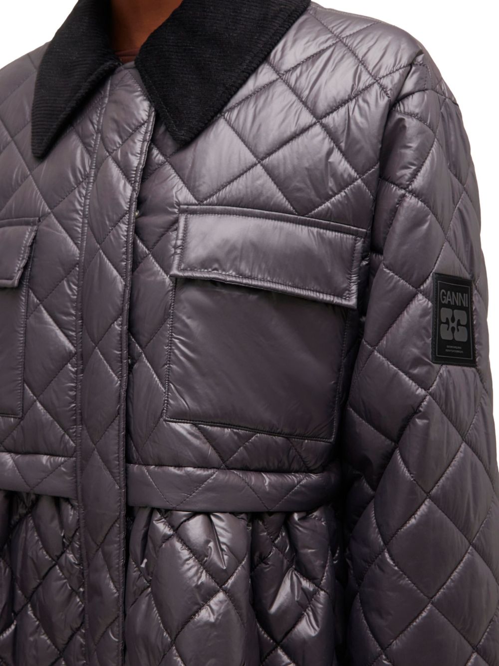 Ganni Quilted Recycled Nylon Jacket with Corduroy Collar Grey