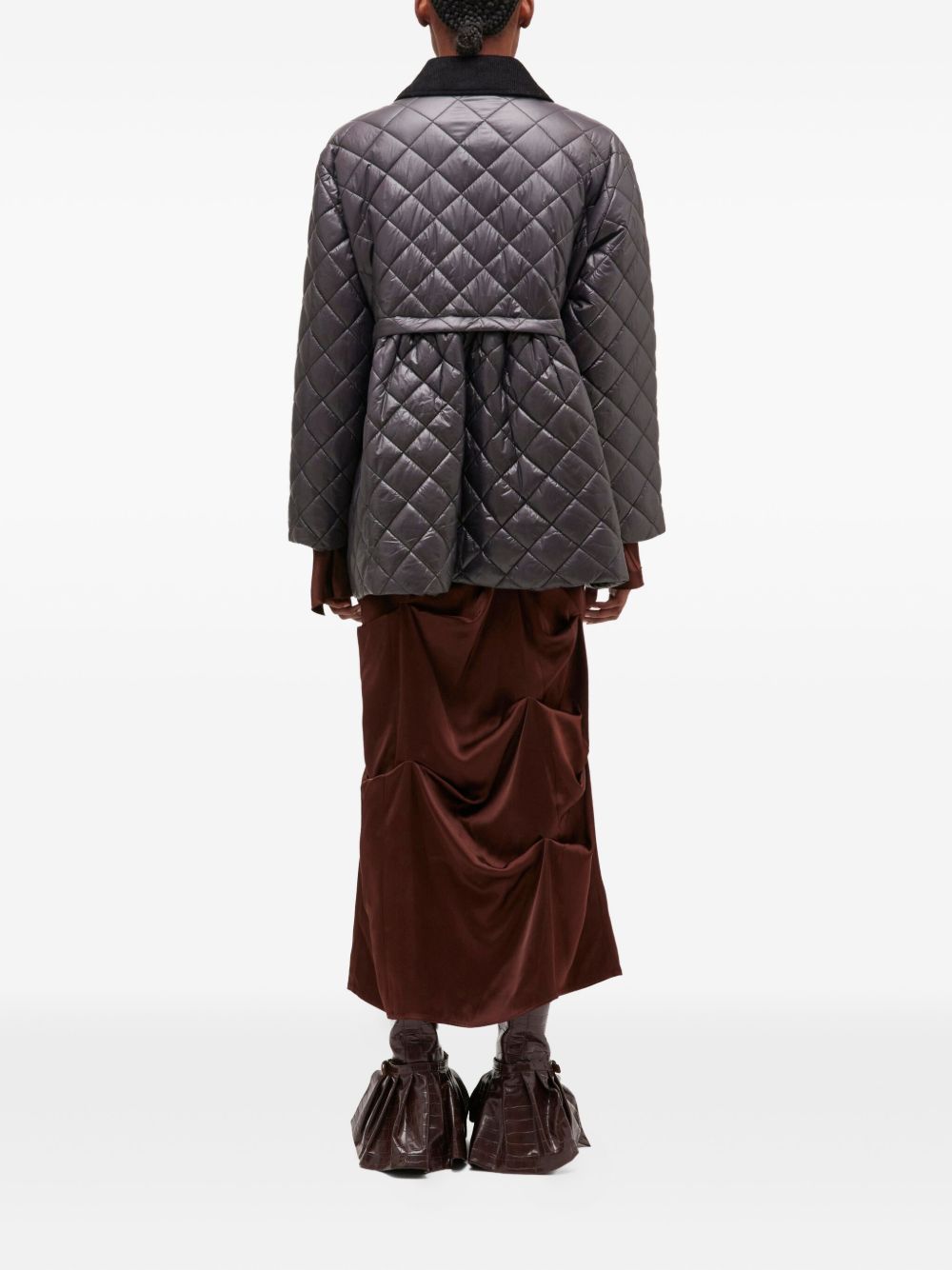 Ganni Quilted Recycled Nylon Jacket with Corduroy Collar Grey