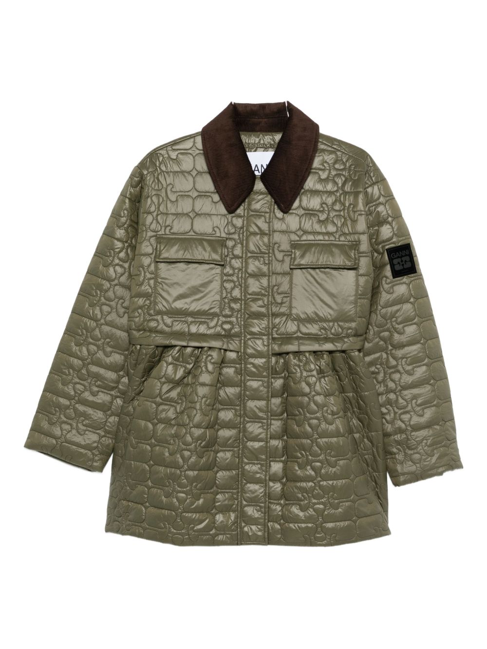 Ganni Quilted Recycled Nylon Corduroy-Collar Jacket Green Green
