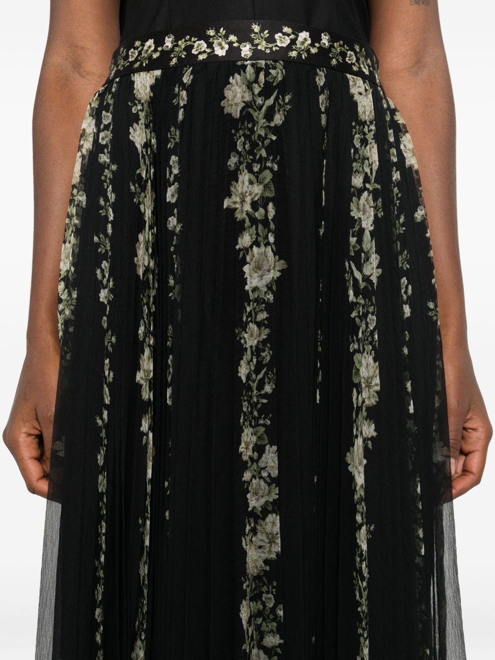 Alice + Olivia Floral-Print Pleated Midi Skirt Black